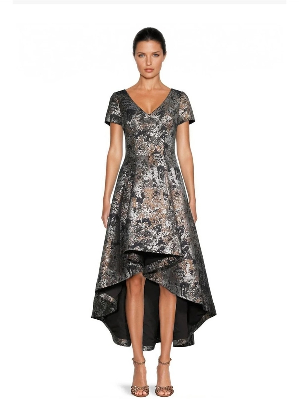SHANI Hi-Lo Jacquard Dress Metallic Black Silver V-Neck Fit & Flare Size 14